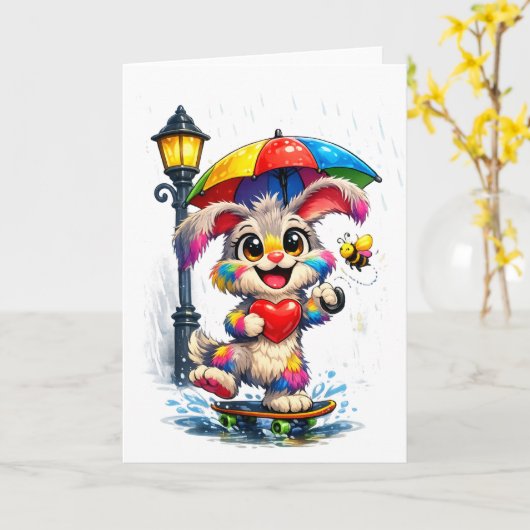 Cute Rainbow Bunny with Umbrella Design カード (黄色い花)