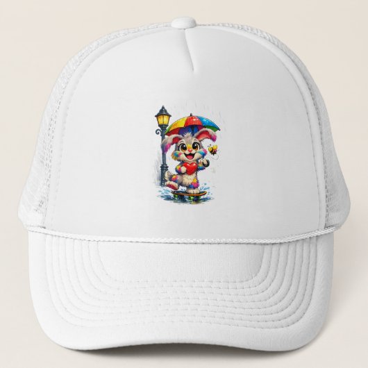 Cute Rainbow Bunny with Umbrella Design キャップ (正面)
