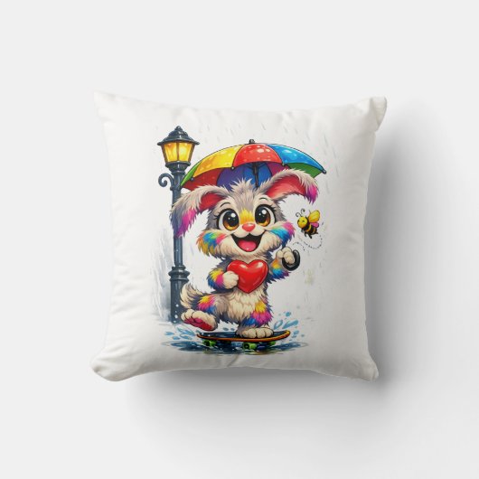 Cute Rainbow Bunny with Umbrella Design クッション (正面)