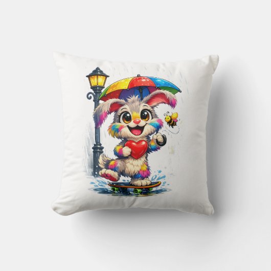 Cute Rainbow Bunny with Umbrella Design クッション (正面)