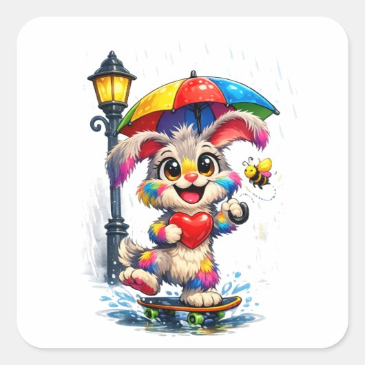 Cute Rainbow Bunny with Umbrella Design スクエアシール (正面)