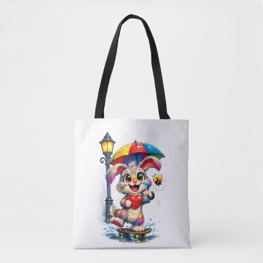 Cute Rainbow Bunny with Umbrella Design トートバッグ (正面)