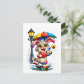 Cute Rainbow Bunny with Umbrella Design ポストカード (スタンド正面)