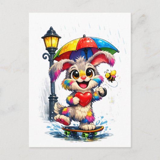Cute Rainbow Bunny with Umbrella Design ポストカード (正面)