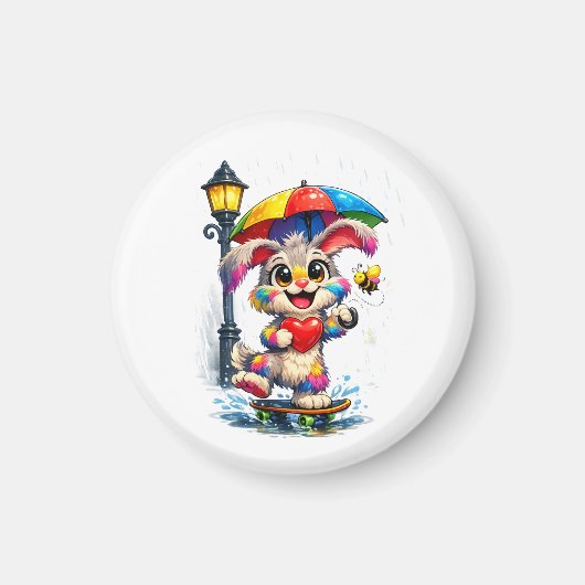 Cute Rainbow Bunny with Umbrella Design マグネット (正面)