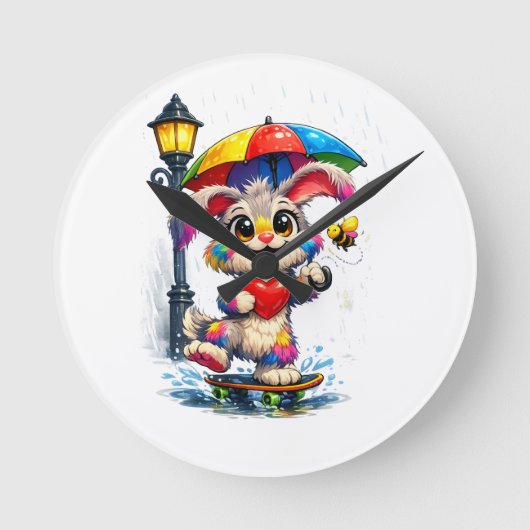 Cute Rainbow Bunny with Umbrella Design ラウンド壁時計 (正面)