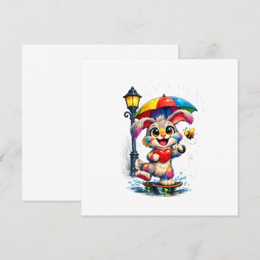 Cute Rainbow Bunny with Umbrella Design 招待状 (正面/裏面)
