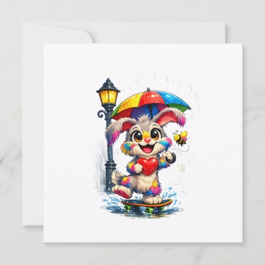 Cute Rainbow Bunny with Umbrella Design 招待状 (正面)