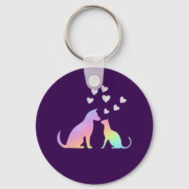Cute Rainbow Cat and Dog Silhouette Love Purple To キーホルダー