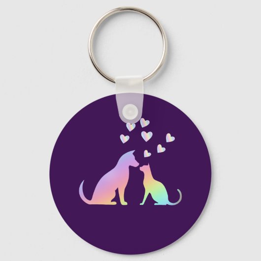 Cute Rainbow Cat and Dog Silhouette Love Purple To キーホルダー (正面)