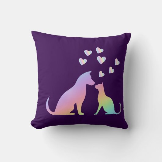 Cute Rainbow Cat and Dog Silhouette Love Purple To クッション (正面)