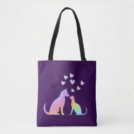 Cute Rainbow Cat and Dog Silhouette Love Purple To トートバッグ