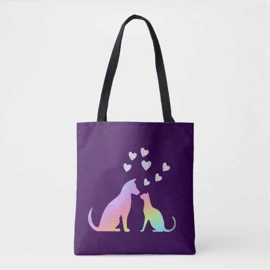 Cute Rainbow Cat and Dog Silhouette Love Purple To トートバッグ (正面)