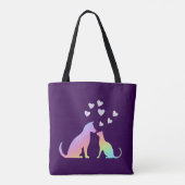 Cute Rainbow Cat and Dog Silhouette Love Purple To トートバッグ (裏面)