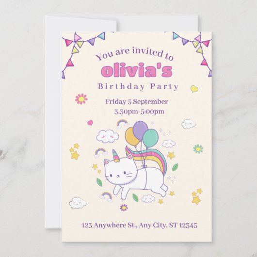 Cute Rainbow Cat Unicorn Birthday Invitation  招待状 (正面)