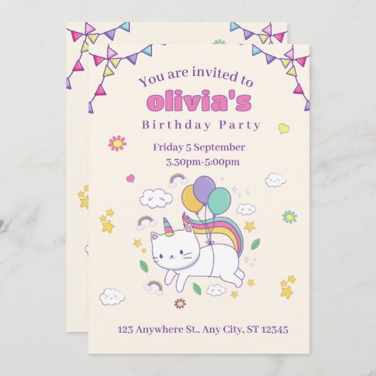 Cute Rainbow Cat Unicorn Birthday Invitation  招待状 (正面/裏面)
