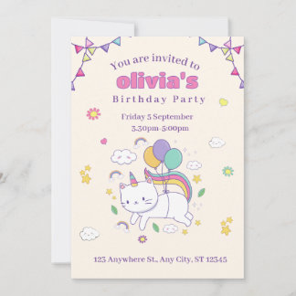 Cute Rainbow Cat Unicorn Birthday Invitation 招待状