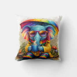 Cute Rainbow Elephant Under Umbrella Cozy Rain Aes クッション