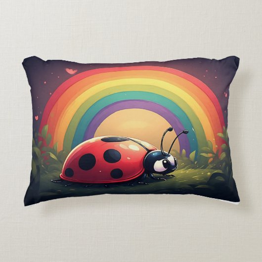 Cute Rainbow Ladybug Grass Cartoon Design アクセントクッション (正面)