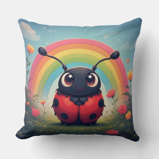 Cute Rainbow Ladybug – Whimsical Kids Decor クッション (正面)