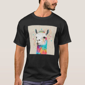 Cute Rainbow Llama Paint Splatter Illustration Col Tシャツ