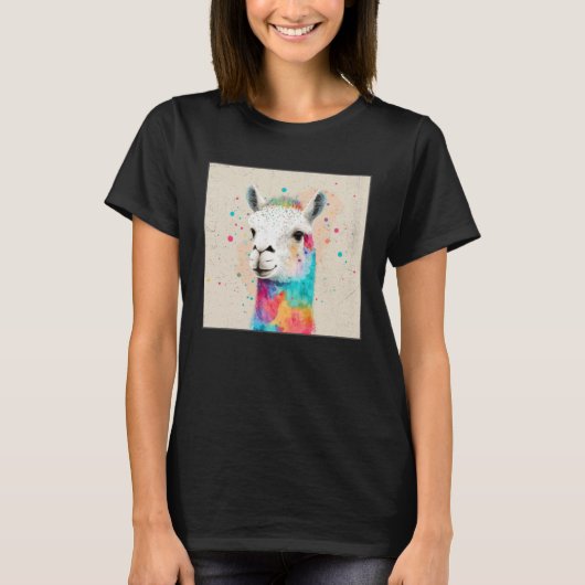 Cute Rainbow Llama Paint Splatter Illustration Col Tシャツ (正面)
