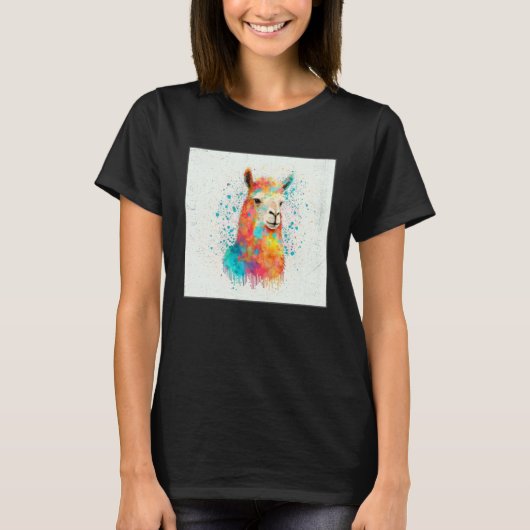 Cute Rainbow Llama Paint Splatter Illustration Col Tシャツ (正面)