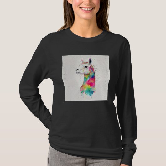 Cute Rainbow Llama Paint Splatter Illustration Col Tシャツ (正面)