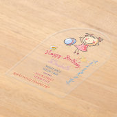 Cute Rainbow Pink Stick Figure Girl Playing Ball アクリル招待状 (レイダウン)