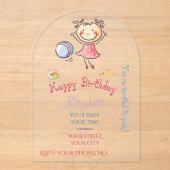 Cute Rainbow Pink Stick Figure Girl Playing Ball アクリル招待状 (正面)