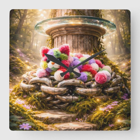 Cute Rainbow Plush Cat Wall Clock Kids Decor スクエア壁時計 (正面)