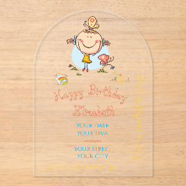 Cute Rainbow Stick Figure Girl Nature Butterfly アクリル招待状