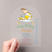 Cute Rainbow Stick Figure Girl Playing Ball Beach アクリル招待状 (インサイチュ (ポータブル))