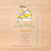 Cute Rainbow Stick Figure Girl Playing Ball Beach アクリル招待状 (正面)