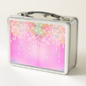 Cute Rainbow unicorn Glitter drips pink custom メタルランチボックス (裏面)