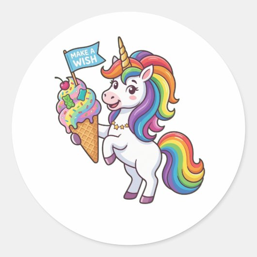 Cute Rainbow Unicorn Holding Ice Cream Make a Wish ラウンドシール (正面)