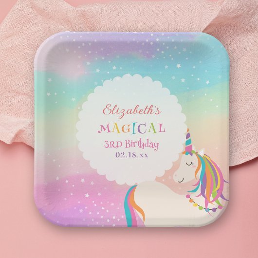 Cute Rainbow Unicorn Magical Birthday Party ペーパープレート