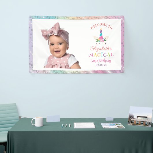 Cute Rainbow Unicorn Magical Birthday Welcome 横断幕 (トレードショー)