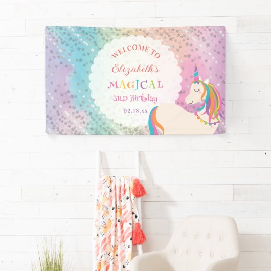 Cute Rainbow Unicorn Magical Birthday Welcome 横断幕 (インサイチュ)