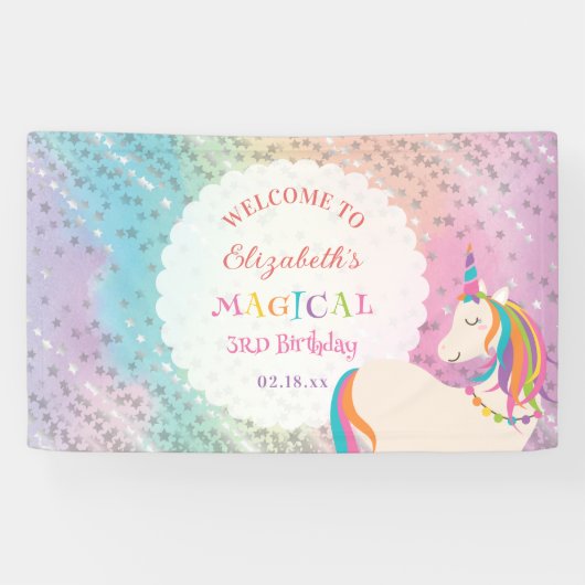 Cute Rainbow Unicorn Magical Birthday Welcome 横断幕 (横)