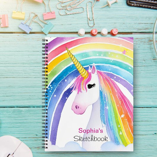 Cute Rainbow Unicorn Sketchbook Monogram Your Name ノートブック