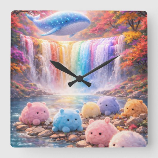 Cute Rainbow Waterfall Kids Wall Clock Decor スクエア壁時計 (正面)