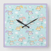 Cute Rainy Day Pattern Round Pillow スクエア壁時計 (正面)