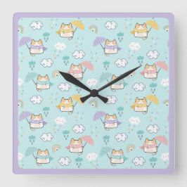 Cute Rainy Day Pattern Round Pillow スクエア壁時計