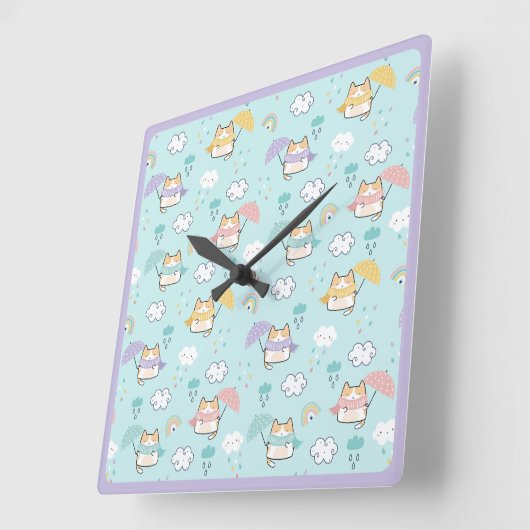 Cute Rainy Day Pattern Round Pillow スクエア壁時計 (傾斜)