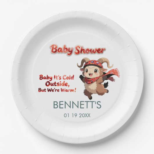 Cute Ram Winter Baby Shower Paper Plate ペーパープレート (正面)