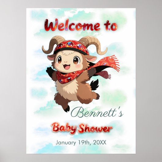 Cute Ram Winter Baby Shower Welcome Sign ポスター (正面)