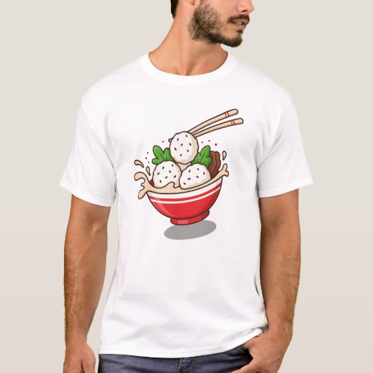 Cute Ramen Bowl Illustration with Rice Balls Tシャツ (正面)