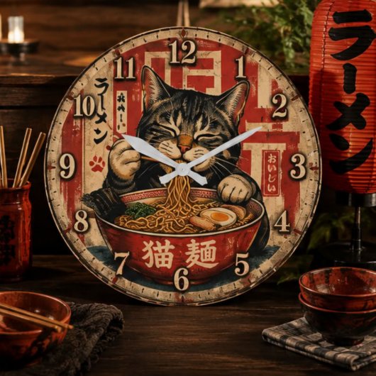 Cute Ramen Cat ラージ壁時計