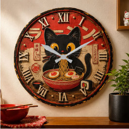 Cute Ramen Cat Japanese Noodle Kawaii Anime Style ラージ壁時計